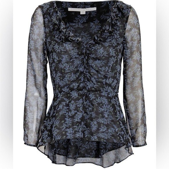 Veronica Beard Floral Print Ruffle Trim High-Low Button Blouse Size 10 - Picture 2 of 10